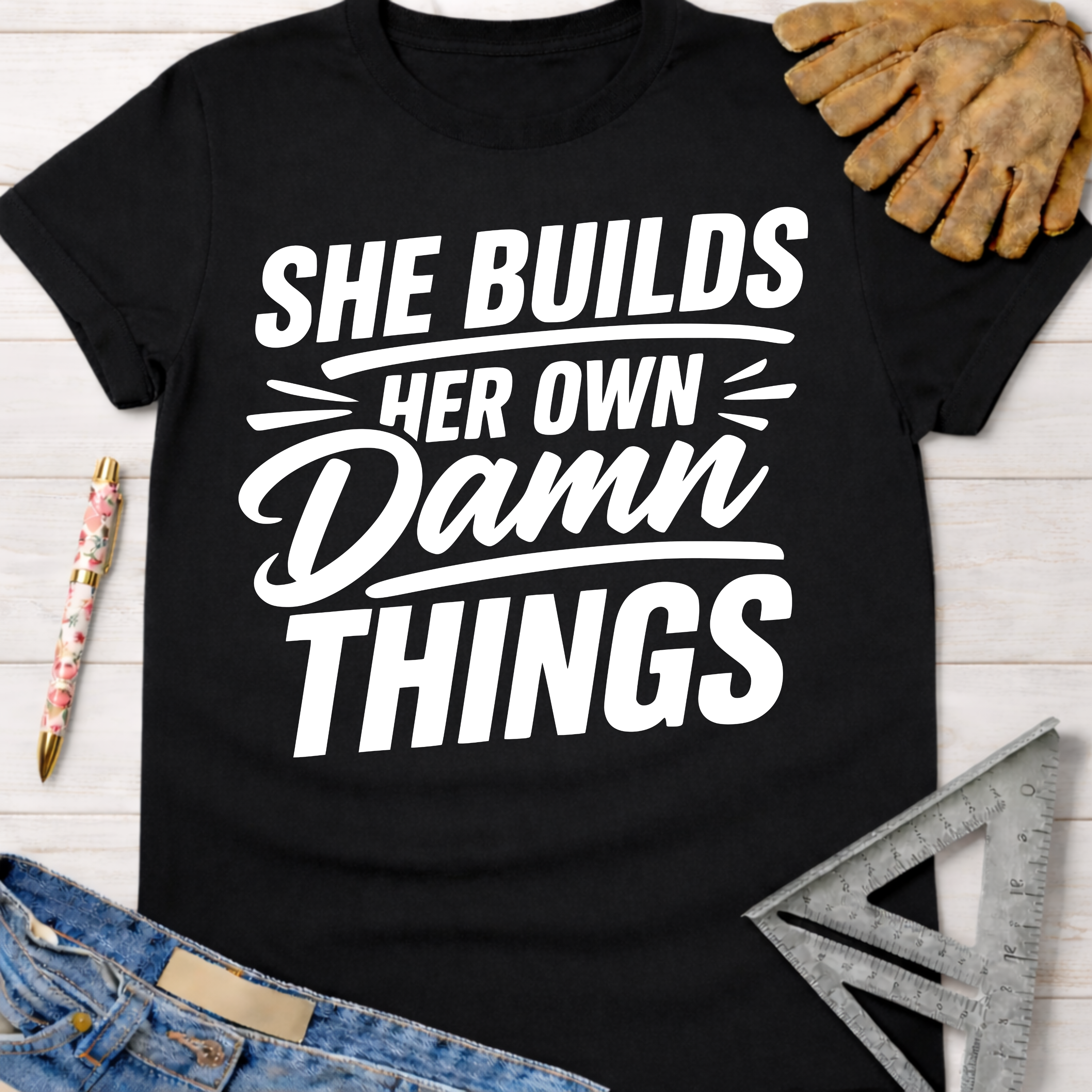 Black cotton tee with "SHE BUILDS HER OWN Damn THINGS" in white text. Women's funny woodworking graphic tee shirt for female woodworkers, makers, and DIY builders — Sawdust & Ponytails.