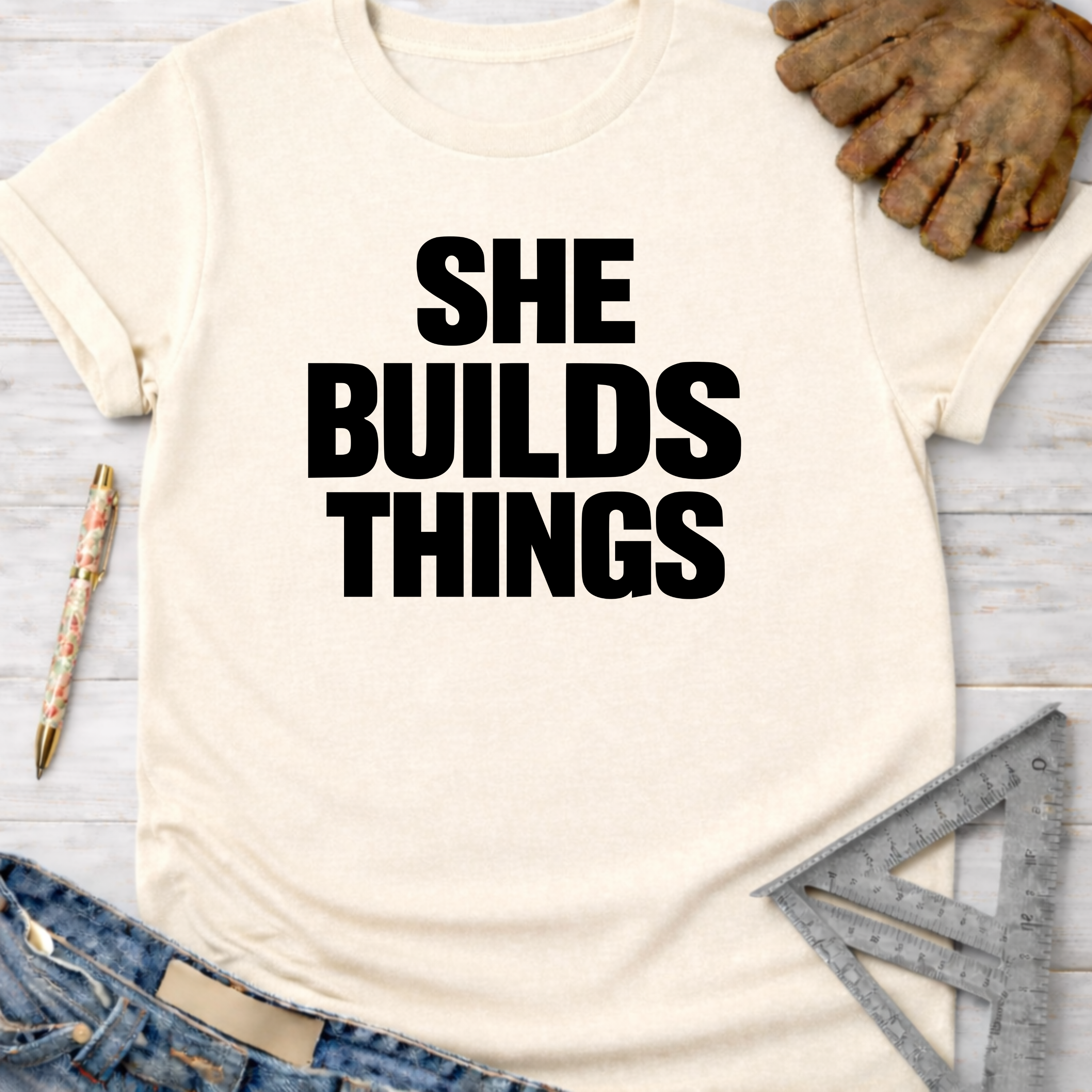 Women's funny woodworking graphic tee shirt for female woodworkers, makers, and DIY builders — Sawdust & Ponytails. Cream t-shirt with "SHE BUILDS THINGS" in black text, next to work gloves, jeans, and a ruler.
