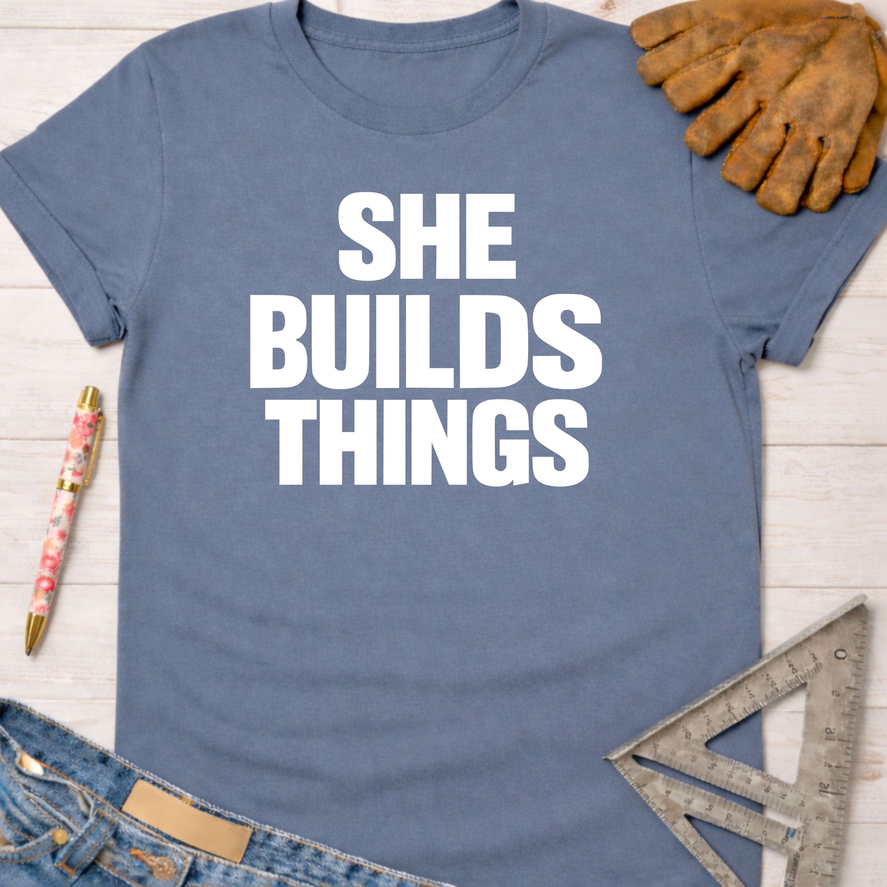 Blue "SHE BUILDS THINGS" graphic tee with work gloves, jeans, pen, and speed square. Women's funny woodworking graphic tee shirt for female woodworkers, makers, and DIY builders — Sawdust & Ponytails