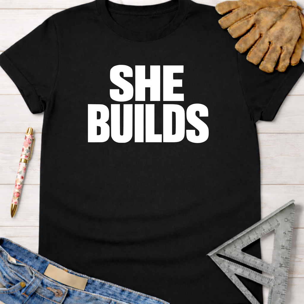 Black "SHE BUILDS" graphic tee, Women's funny woodworking graphic tee shirt for female woodworkers, makers, and DIY builders — Sawdust & Ponytails
