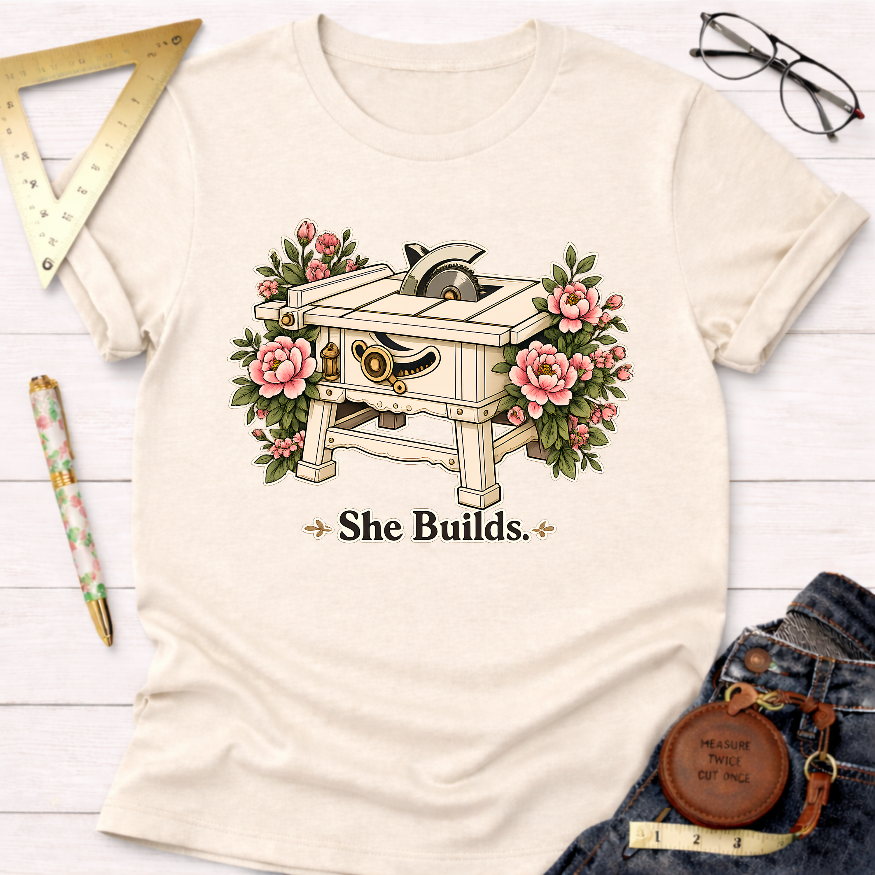 Cream "She Builds" t-shirt with a table saw and pink floral design.
