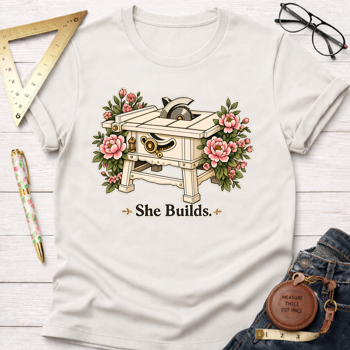 White "She Builds" t-shirt with a table saw and pink floral design.