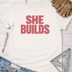 Women's funny woodworking graphic tee shirt for female woodworkers, makers, and DIY builders — Sawdust & Ponytails.