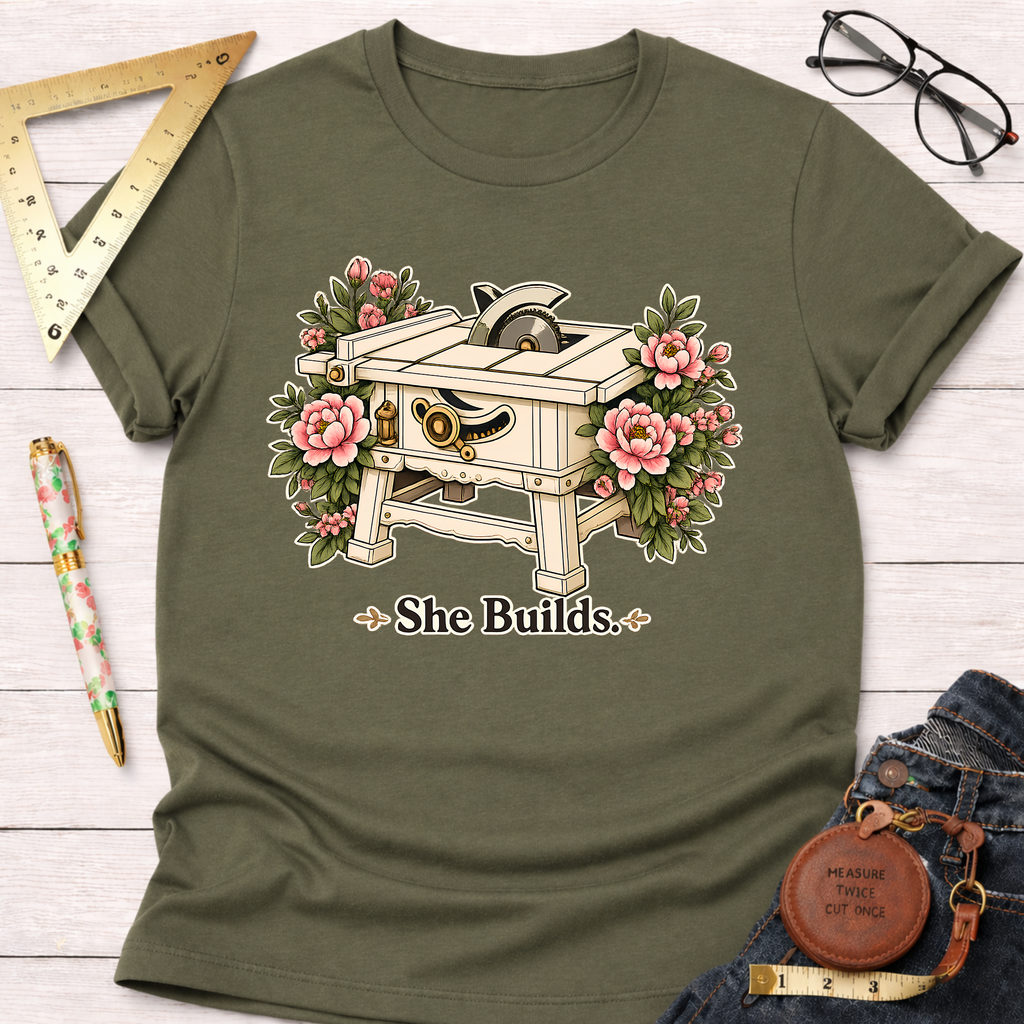Olive green "She Builds" t-shirt with a table saw and pink floral design.