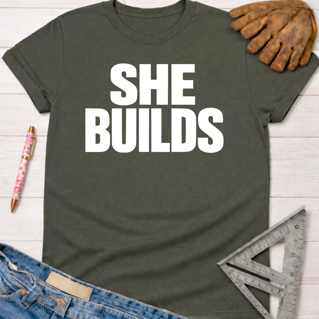 Women's funny woodworking graphic tee shirt for female woodworkers, makers, and DIY builders — Sawdust & Ponytails. Dark gray "SHE BUILDS" t-shirt with rolled sleeves, jeans, pen, and tools.