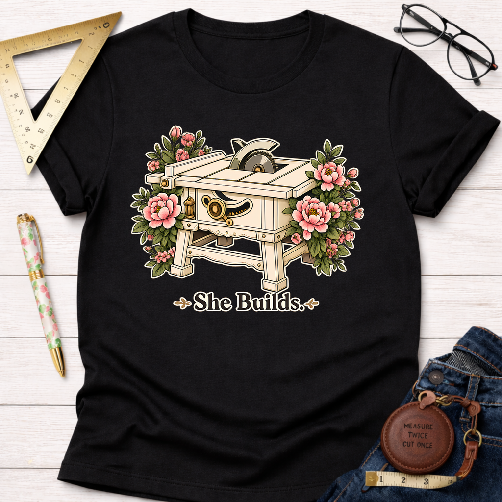 Black "She Builds" t-shirt with a table saw surrounded by pink flowers.