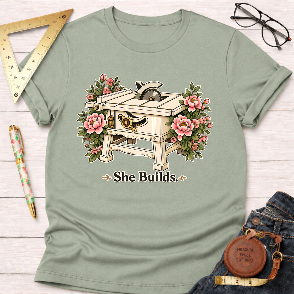 Sage green "She Builds" t-shirt with a table saw and pink floral design.