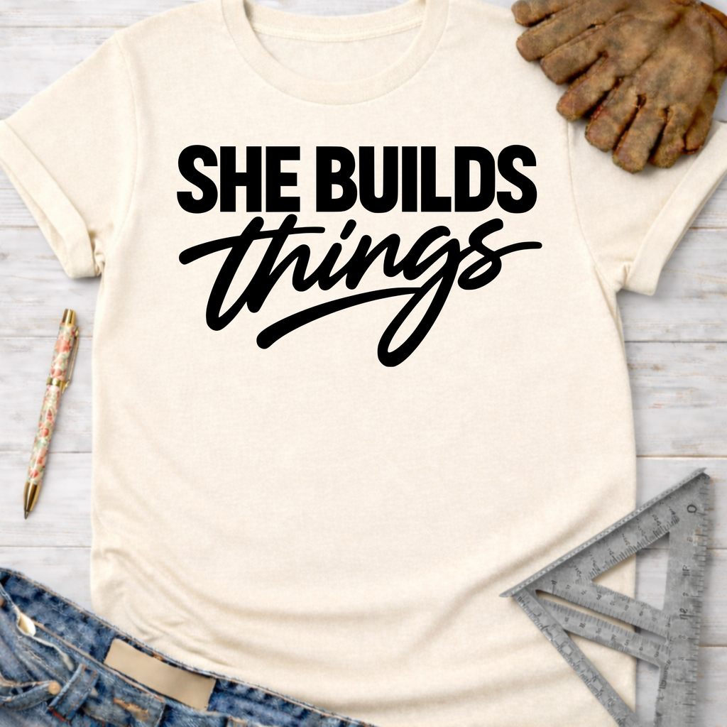Women's funny woodworking graphic tee shirt for female woodworkers, makers, and DIY builders — Sawdust & Ponytails. Cream t-shirt with "SHE BUILDS things" in black script.