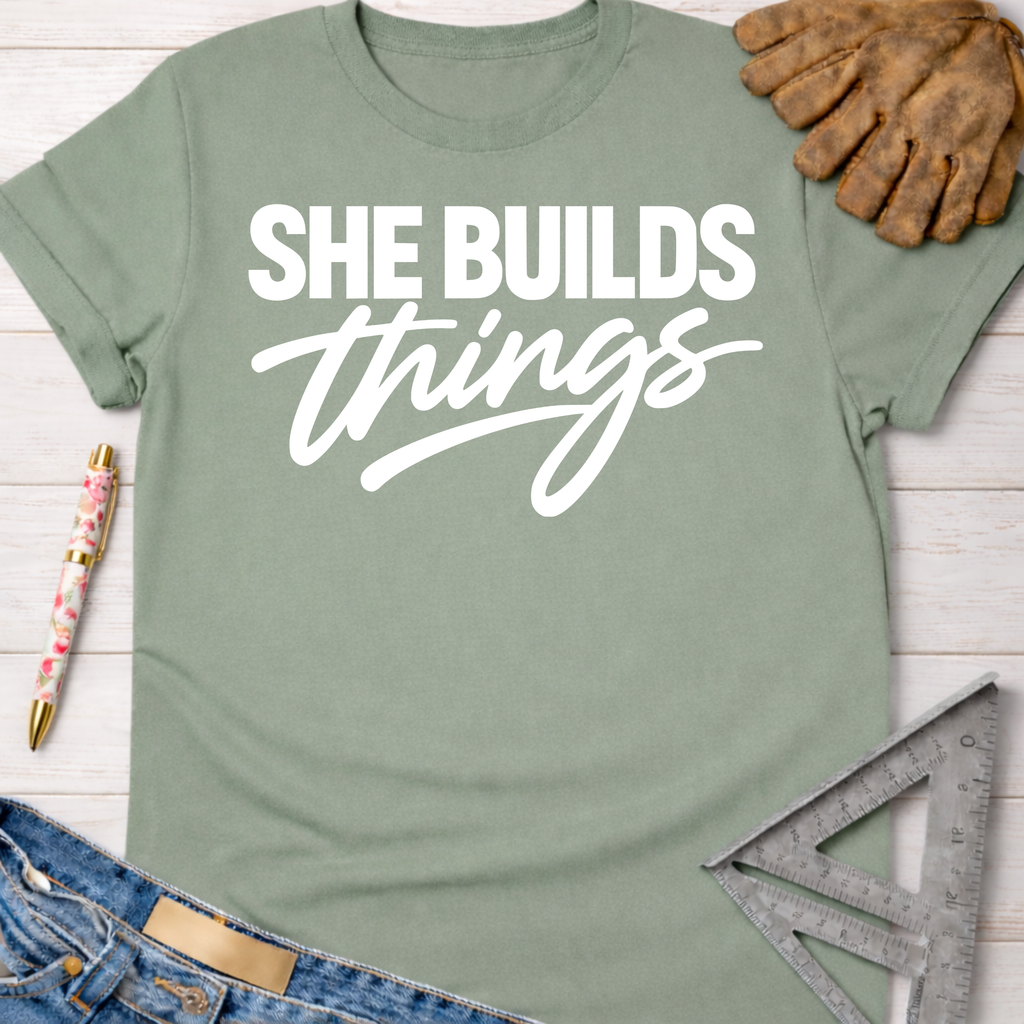 Sage green "She Builds Things" women's funny woodworking graphic tee shirt for female woodworkers, makers, and DIY builders — Sawdust & Ponytails