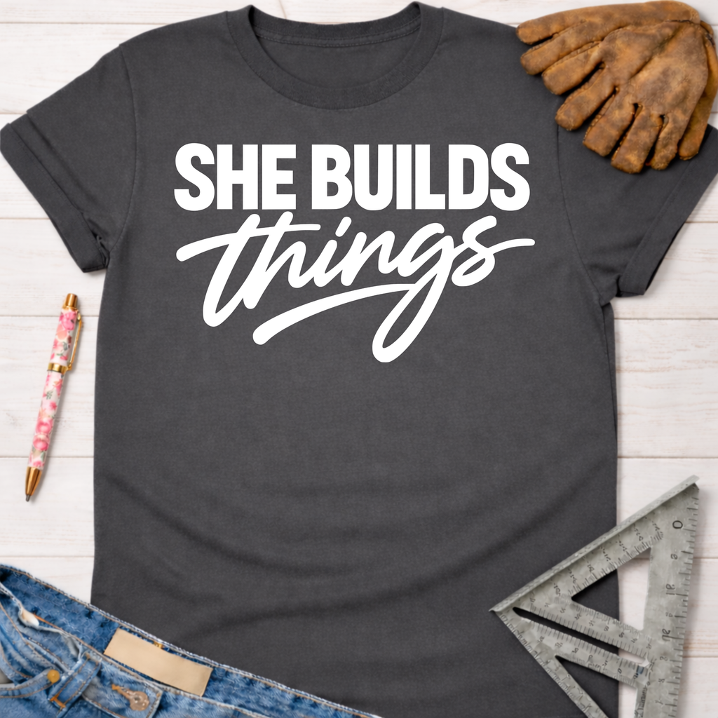Charcoal gray cotton "She Builds Things" graphic tee, women's funny woodworking shirt for makers and DIY builders.