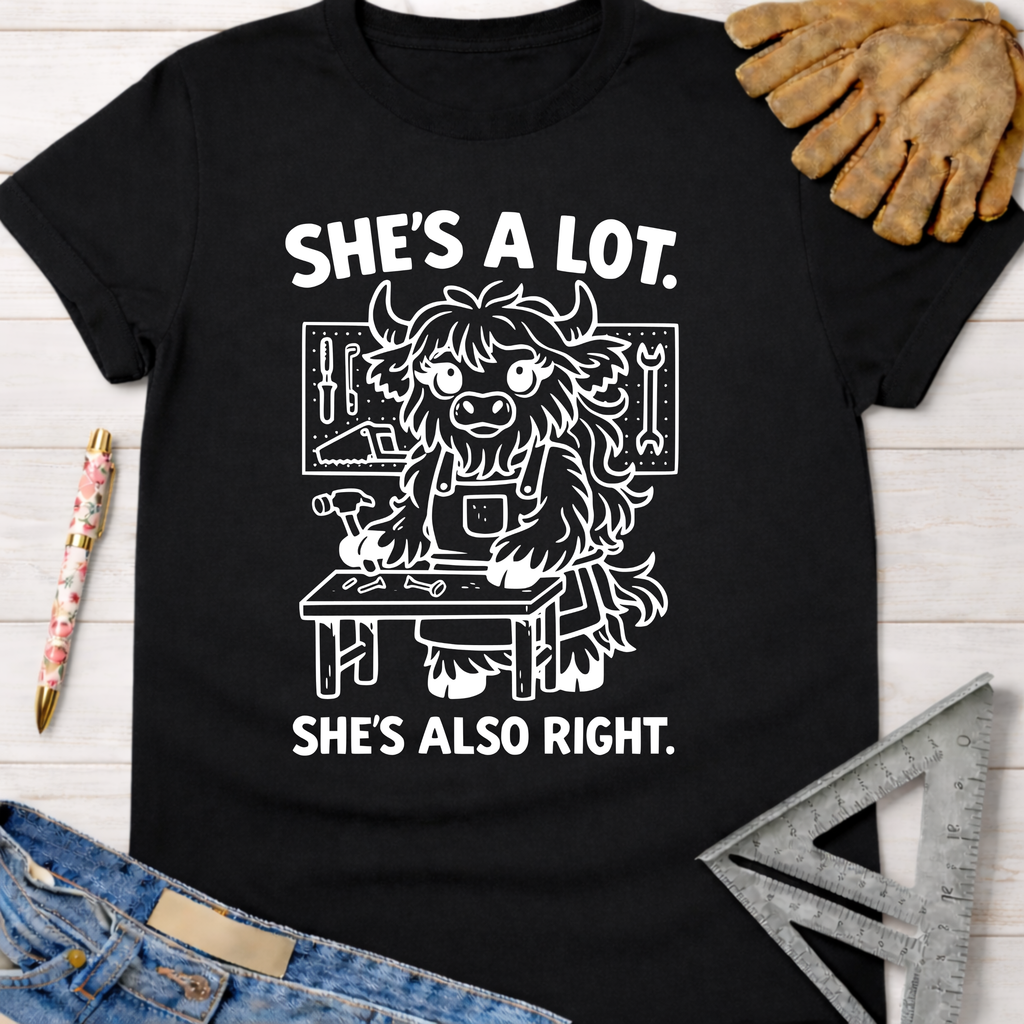 Black cotton "She's A Lot" graphic tee with a cartoon highland cow woodworking. Women's funny woodworking graphic tee shirt for female woodworkers, makers, and DIY builders — Sawdust & Ponytails
