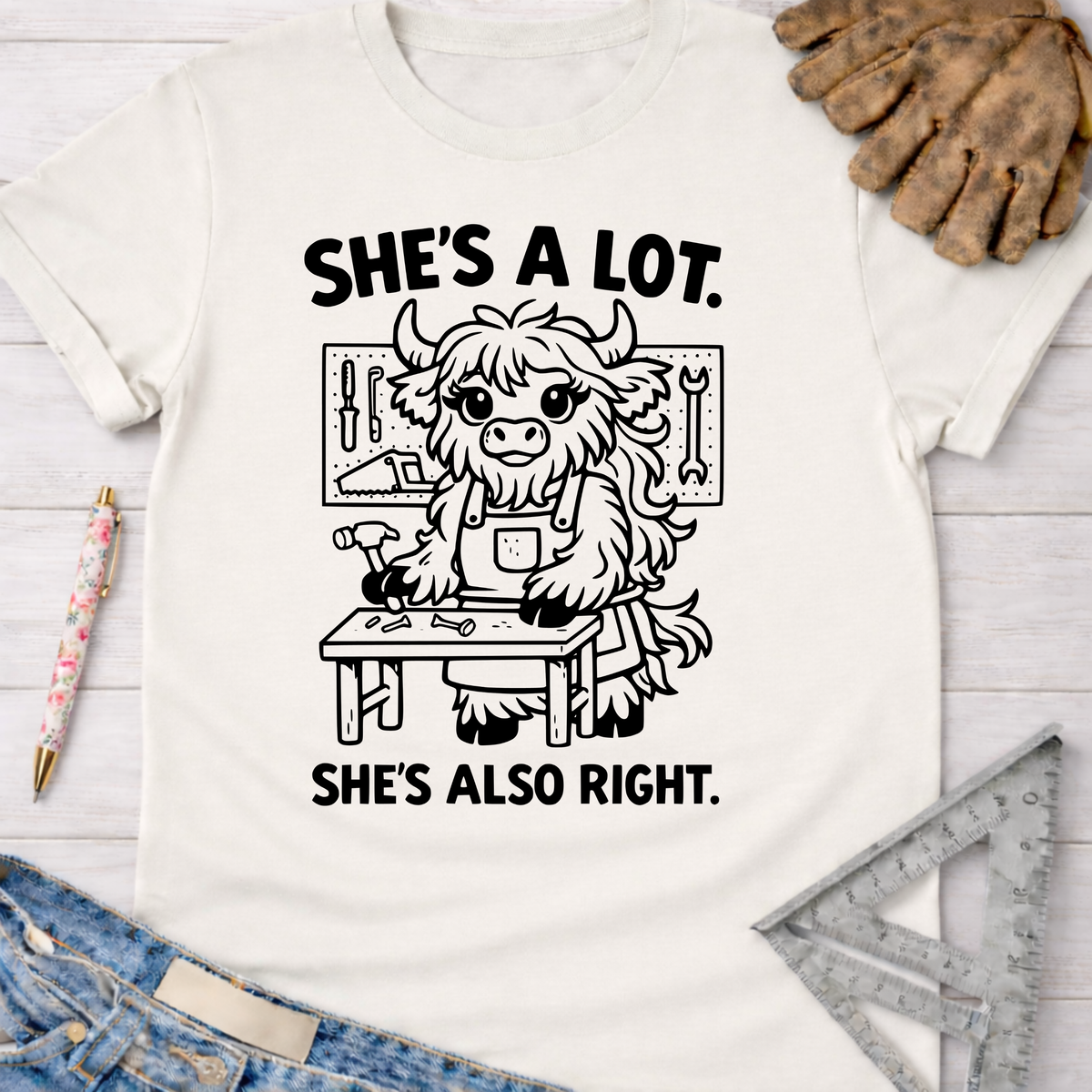 Women's funny woodworking graphic tee shirt for female woodworkers, makers, and DIY builders — Sawdust & Ponytails. White cotton tee with "She's A Lot. She's Also Right." and a cute highland cow builder graphic.