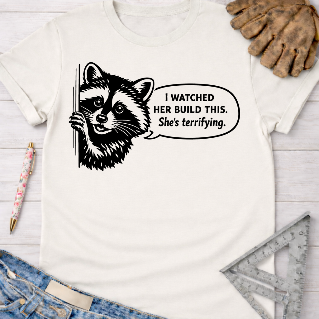 Women's funny woodworking graphic tee shirt for female woodworkers, makers, and DIY builders — Sawdust & Ponytails. White cotton tee with a black graphic of a raccoon saying "I watched her build this. She's terrifying.