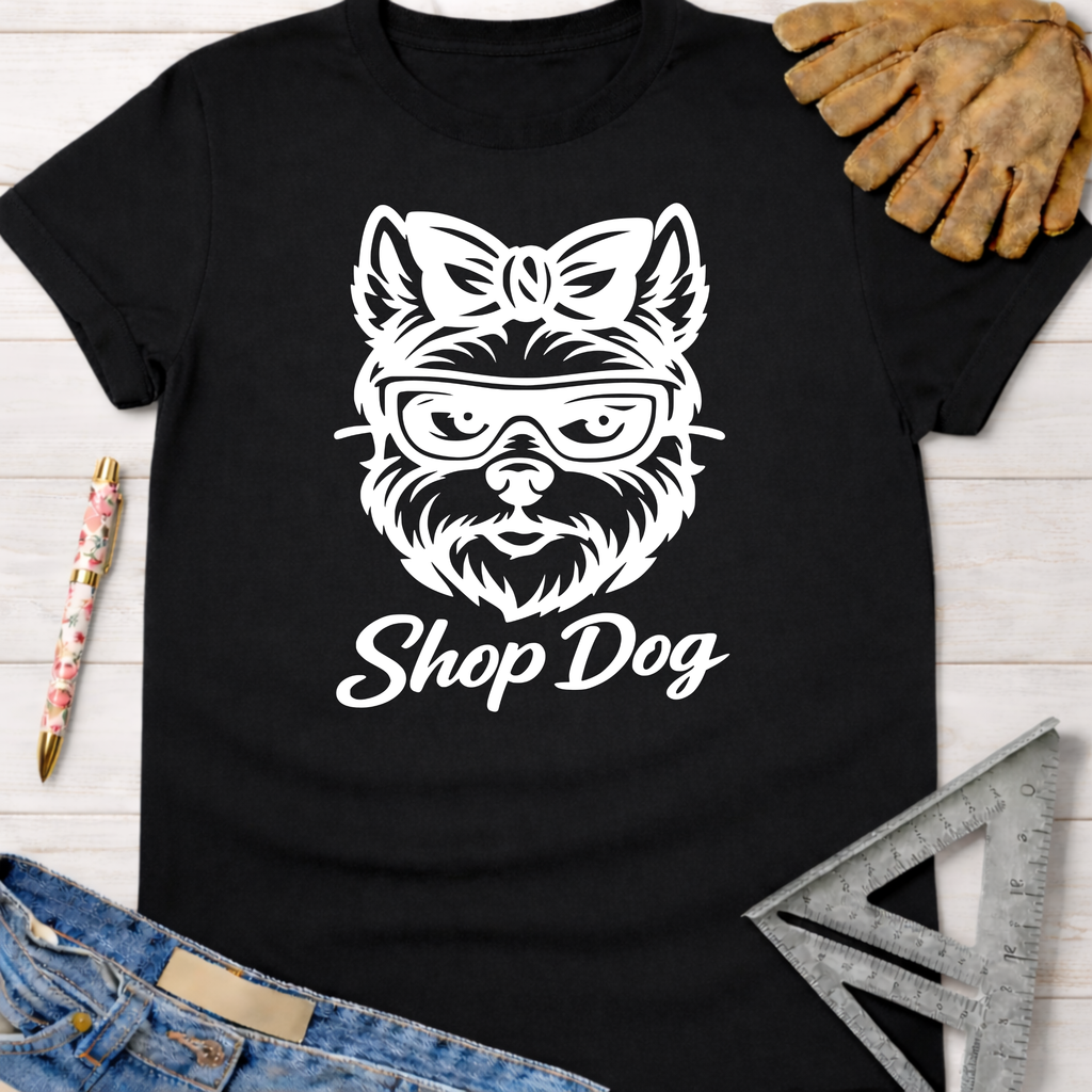 Black women's funny woodworking graphic tee with a white "Shop Dog" design. Women's funny woodworking graphic tee shirt for female woodworkers, makers, and DIY builders — Sawdust & Ponytails