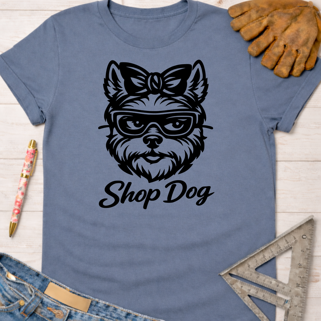 Women's funny woodworking graphic tee shirt for female woodworkers, makers, and DIY builders — Sawdust & Ponytails. Blue cotton tee with a black "Shop Dog" graphic of a dog wearing glasses and a bow.