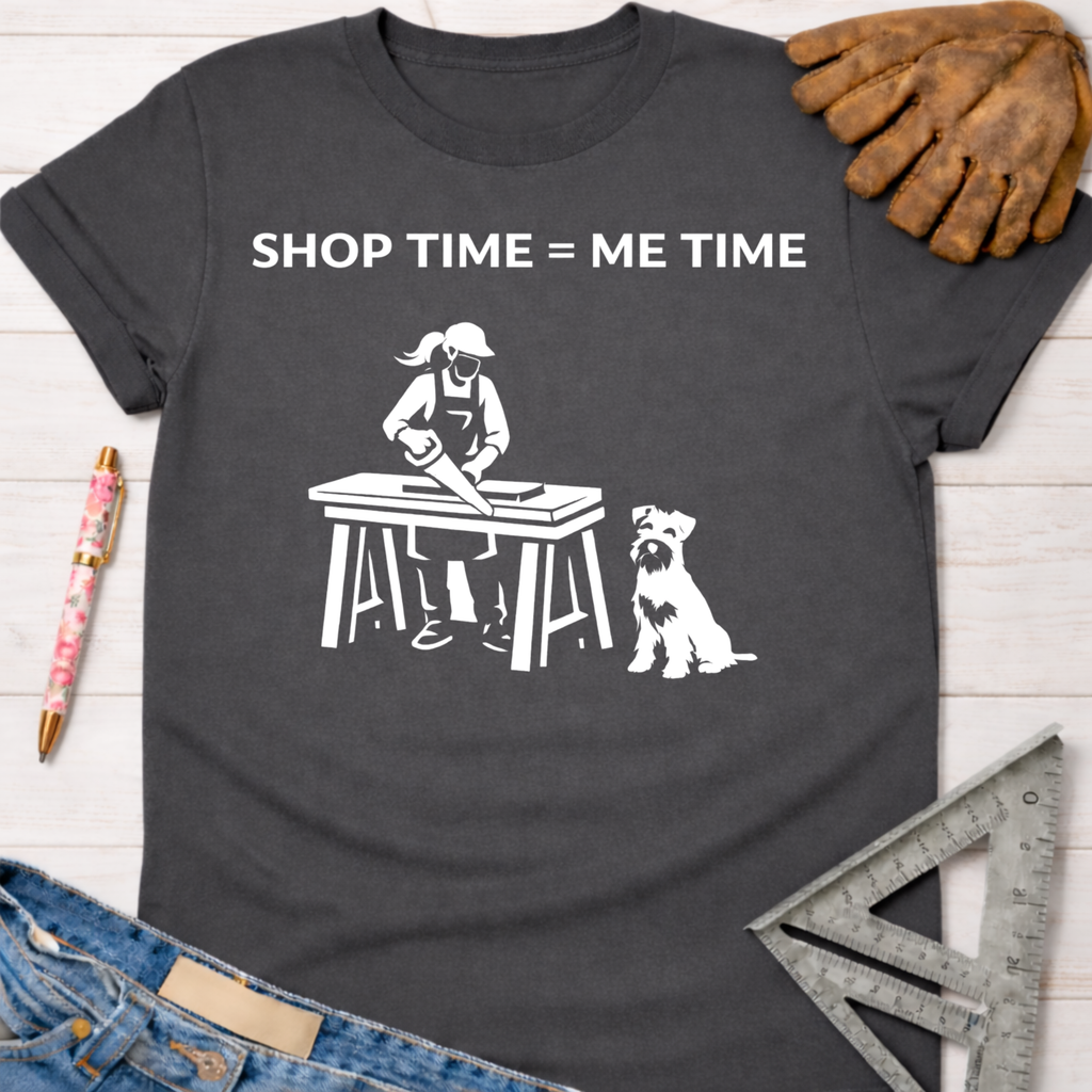 Charcoal gray women's funny woodworking graphic tee shirt for female woodworkers, makers, and DIY builders — Sawdust & Ponytails.