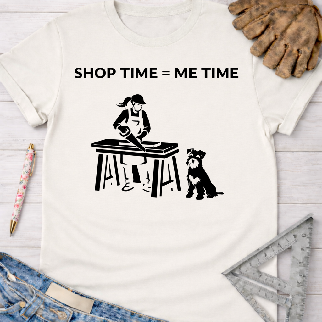 Women's funny woodworking graphic tee shirt for female woodworkers, makers, and DIY builders — Sawdust & Ponytails.