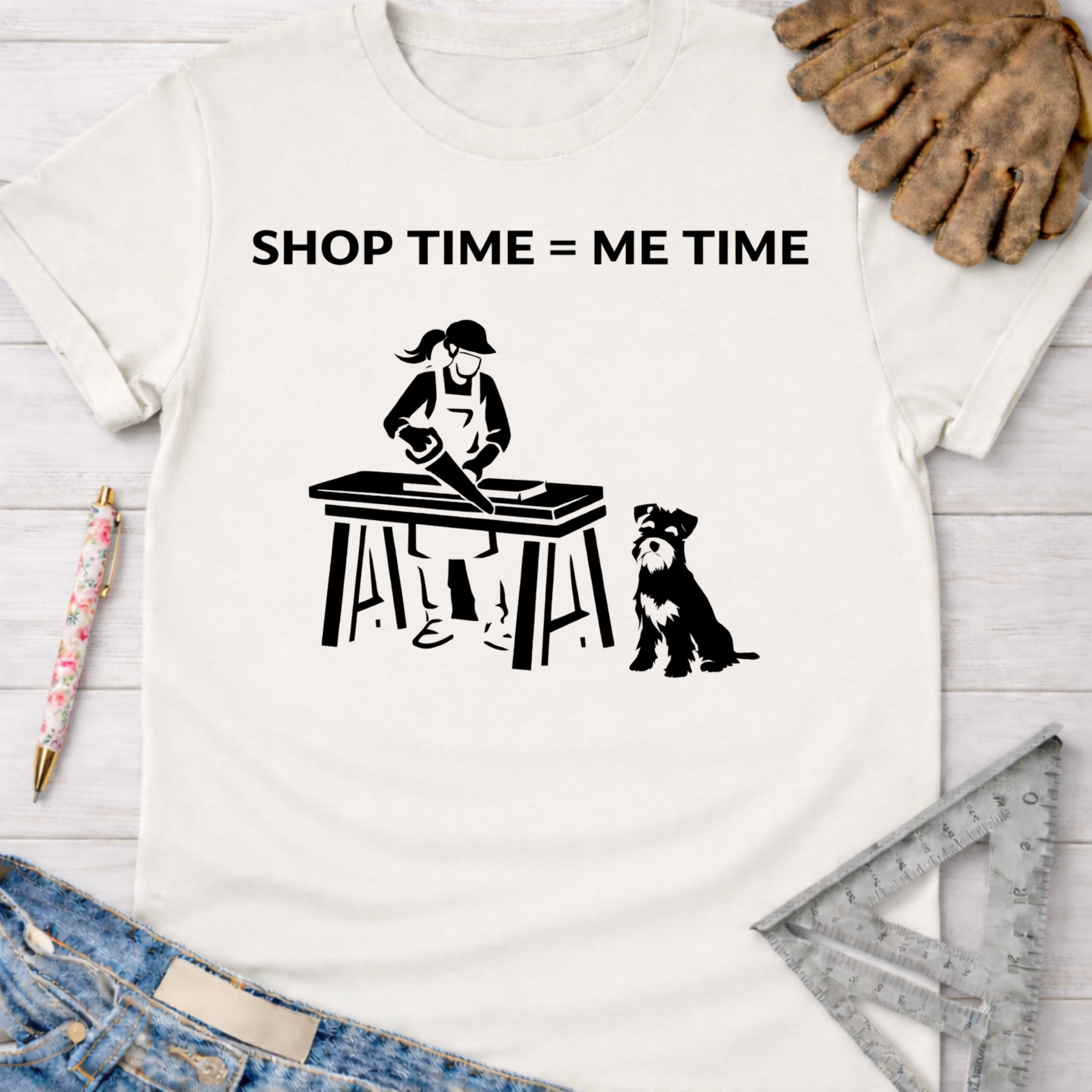 Women's funny woodworking graphic tee shirt for female woodworkers, makers, and DIY builders — Sawdust & Ponytails.