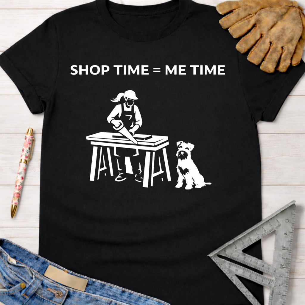 Black women's funny woodworking graphic tee shirt for female woodworkers, makers, and DIY builders — Sawdust & Ponytails.