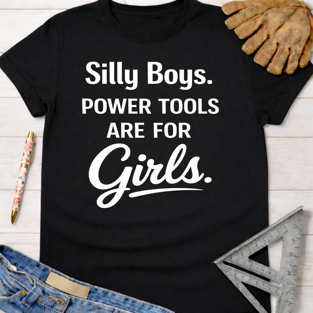 Black women's funny woodworking graphic tee shirt with "Silly Boys. Power Tools Are For Girls." text, for female woodworkers, makers, and DIY builders — Sawdust & Ponytails
