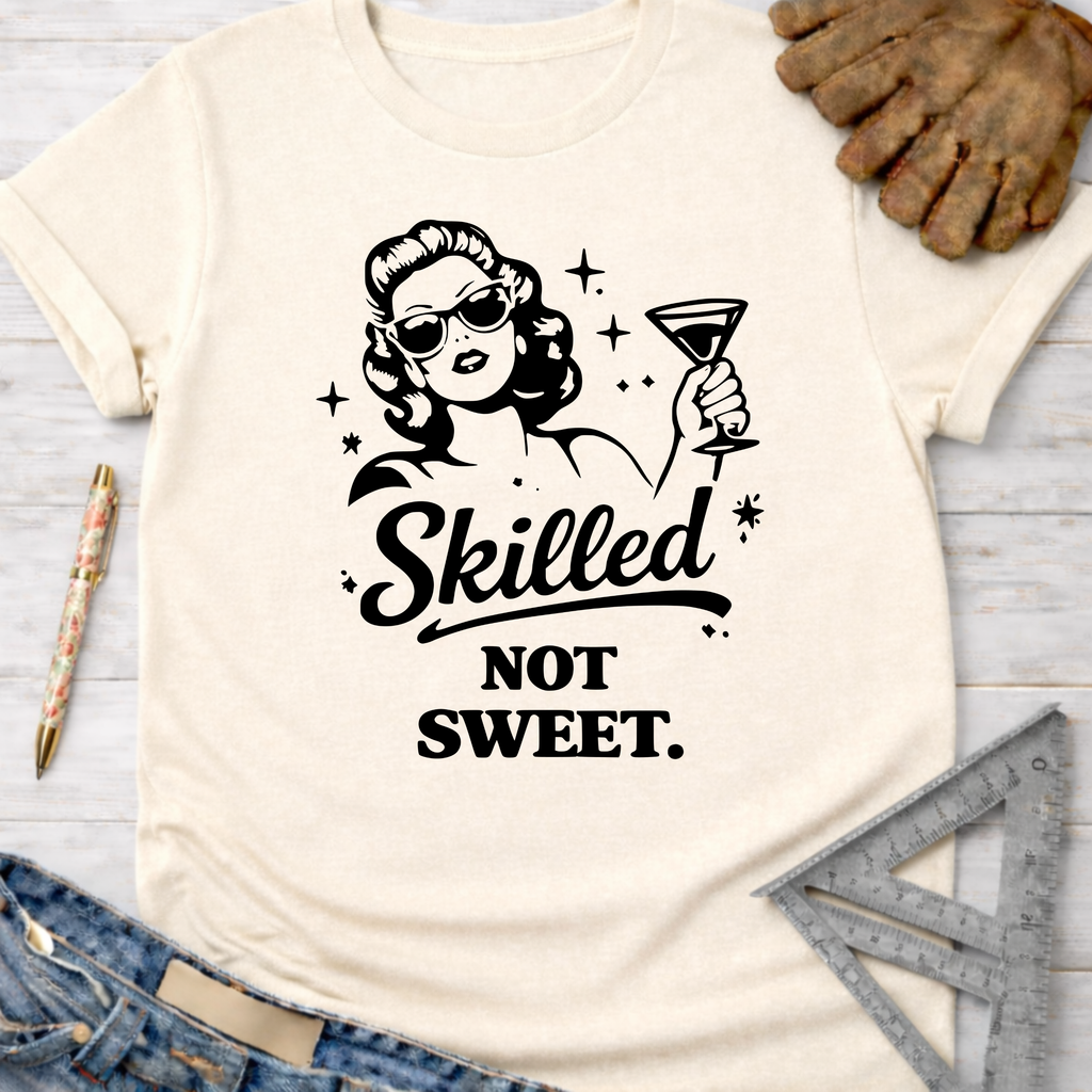 Women's funny woodworking graphic tee shirt for female woodworkers, makers, and DIY builders — Sawdust & Ponytails. Cream t-shirt with "Skilled Not Sweet" and retro woman graphic.