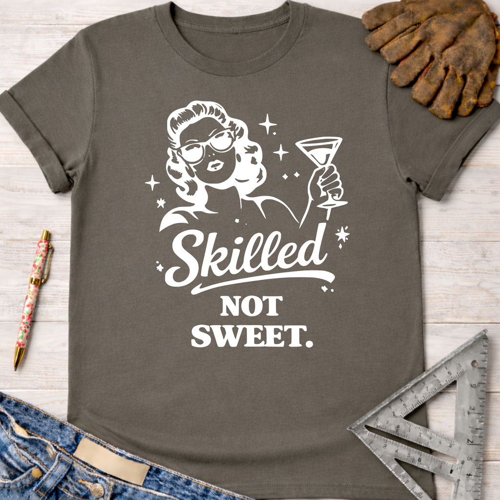 Women's funny woodworking graphic tee shirt for female woodworkers, makers, and DIY builders — Sawdust & Ponytails. Dark gray t-shirt with "Skilled Not Sweet" graphic and a woman holding a martini.