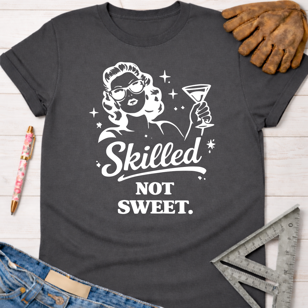 Women's funny woodworking graphic tee shirt for female woodworkers, makers, and DIY builders — Sawdust & Ponytails. Dark gray t-shirt with "Skilled Not Sweet" and a woman in sunglasses holding a martini.