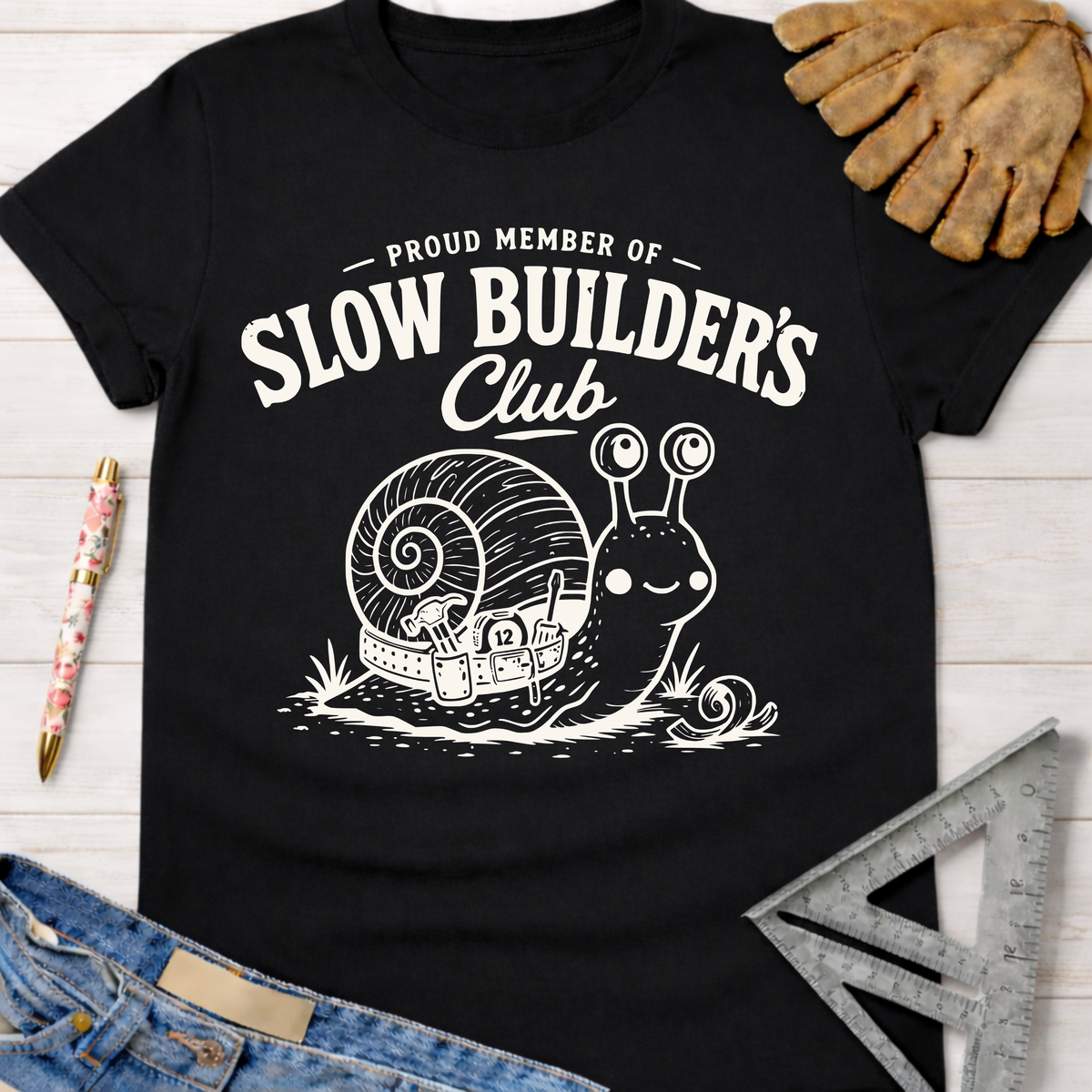Black cotton "Slow Builder's Club" snail graphic tee for women, with work gloves and ruler. Sawdust & Ponytails.
