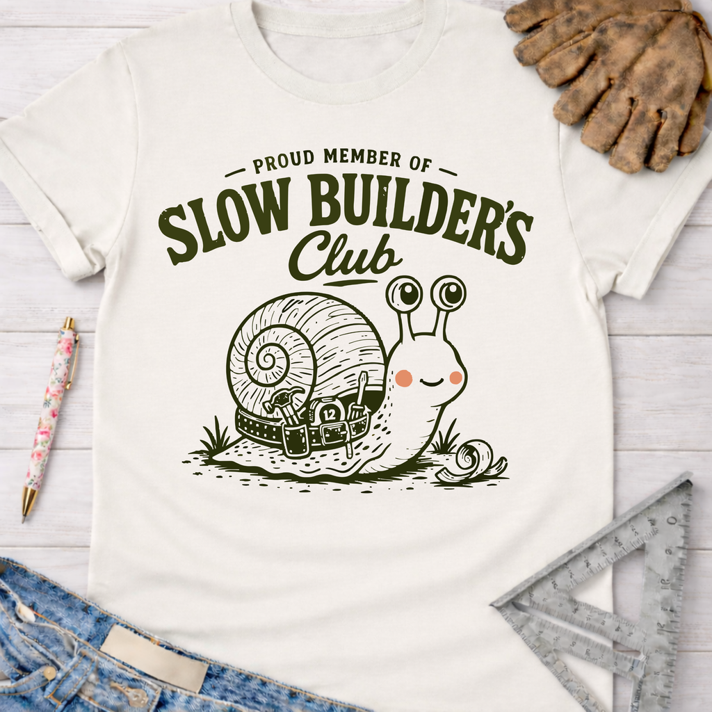 Women's funny woodworking graphic tee shirt for female woodworkers, makers, and DIY builders — Sawdust & Ponytails. Cream t-shirt with a "Slow Builder's Club" snail graphic.