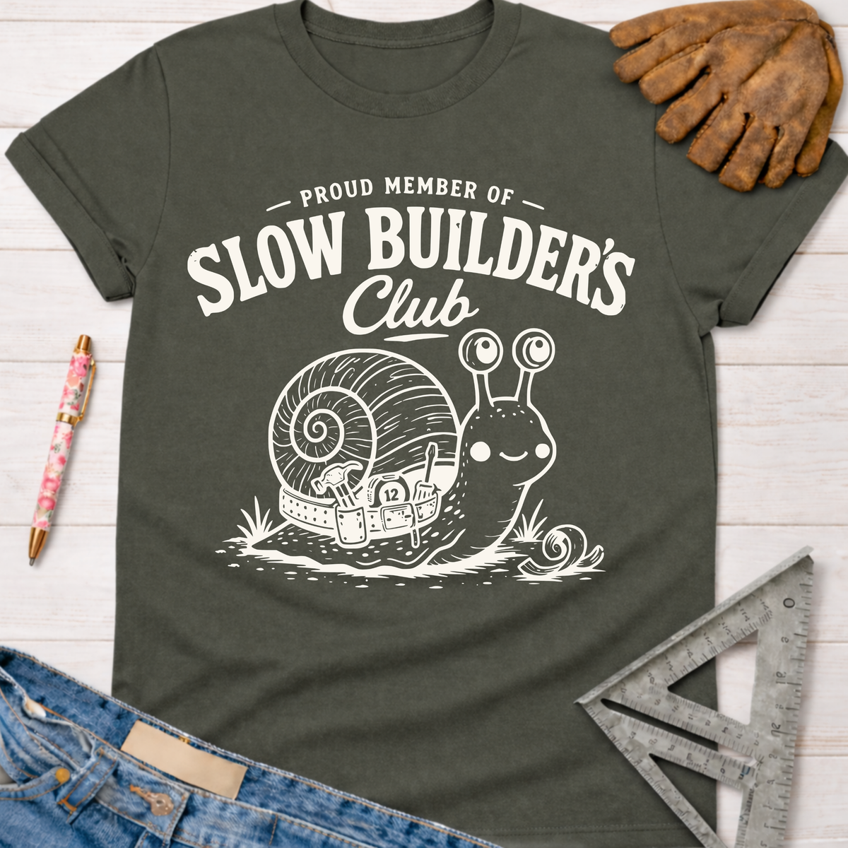 Women's funny woodworking graphic tee shirt for female woodworkers, makers, and DIY builders — Sawdust & Ponytails. Dark gray t-shirt with "Slow Builder's Club" snail graphic.