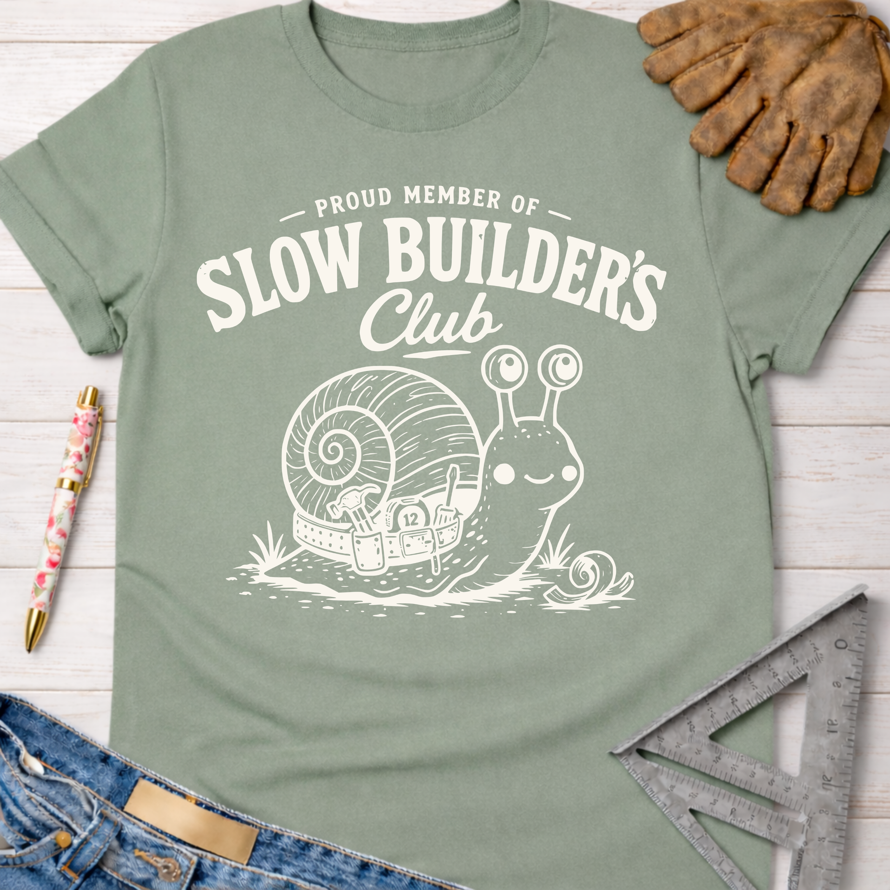 Sage green women's "Slow Builder's Club" snail graphic tee, with work gloves and tools.