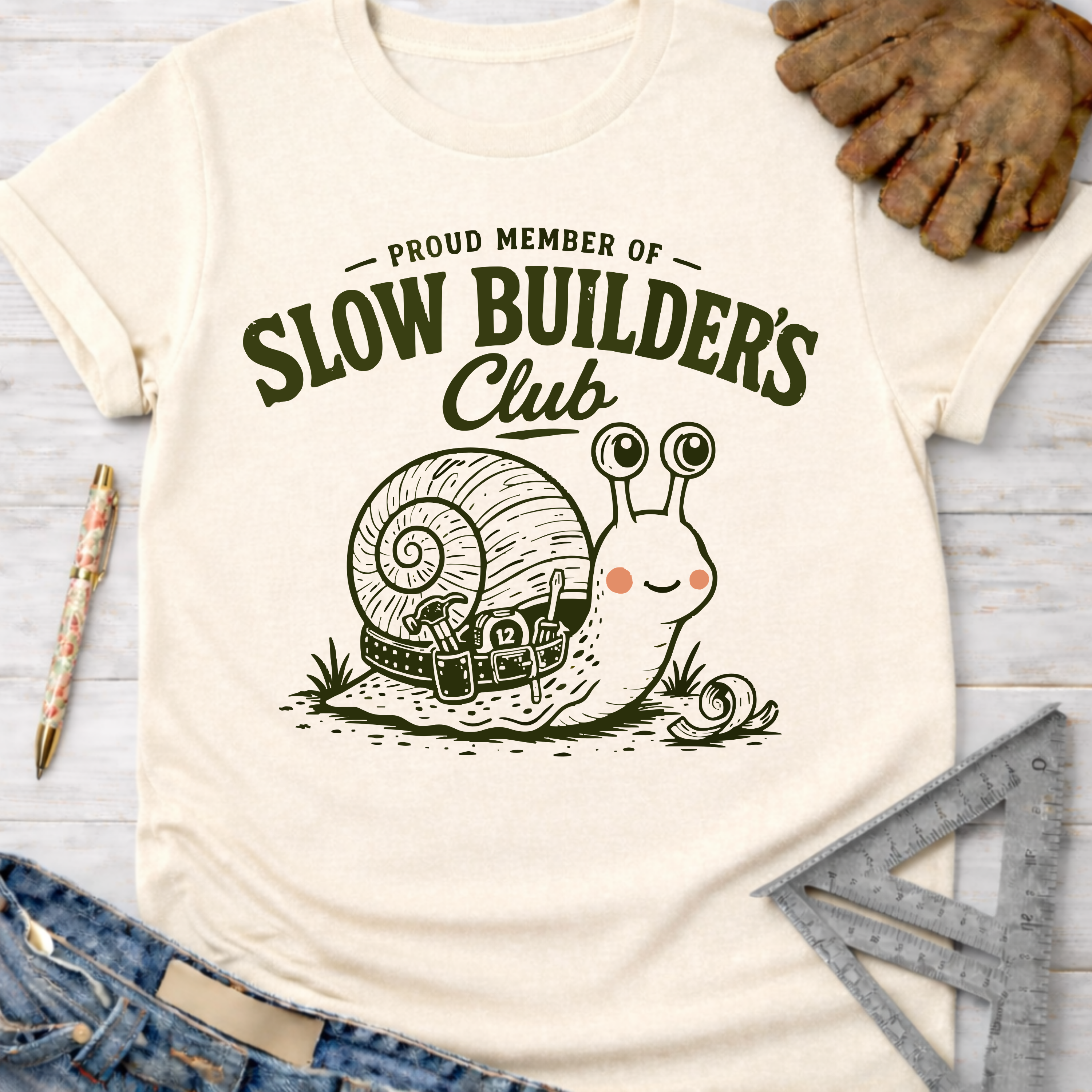 Women's funny woodworking graphic tee shirt for female woodworkers, makers, and DIY builders — Sawdust & Ponytails. Cream t-shirt with a "Slow Builder's Club" snail design.