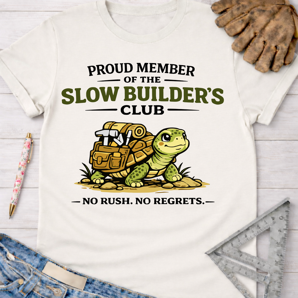 Women's funny woodworking graphic tee shirt for female woodworkers, makers, and DIY builders — Sawdust & Ponytails. White cotton tee with a cartoon turtle carrying tools and "Proud Member of the Slow Builder's Club - No Rush. No Regrets.