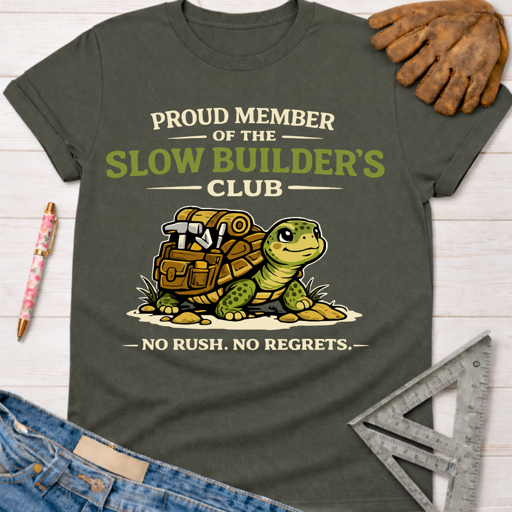 Women's funny woodworking graphic tee shirt for female woodworkers, makers, and DIY builders — Sawdust & Ponytails. Dark olive green cotton tee with a cartoon turtle carrying tools and text "Proud Member of the Slow Builder's Club - No Rush. No Regrets.