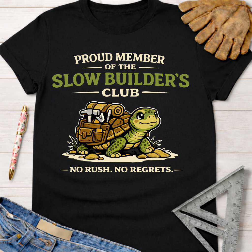 Black women's funny woodworking graphic tee with a turtle carrying tools and "Slow Builder's Club" text. Sawdust & Ponytails.