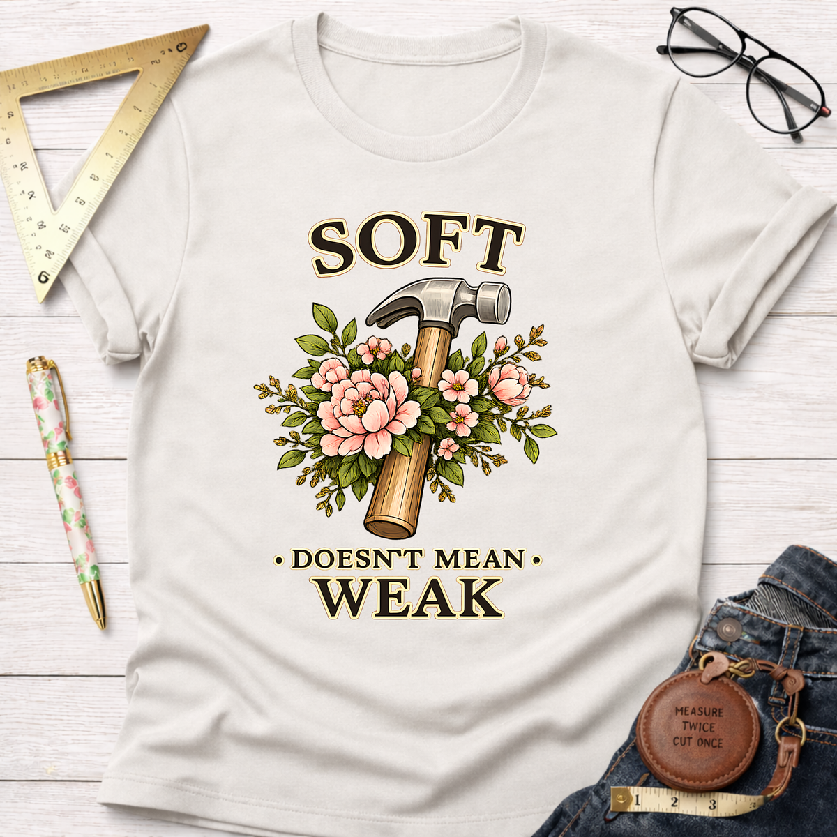 Cream t-shirt with "Soft Doesn't Mean Weak" text, a hammer, and pink floral design.