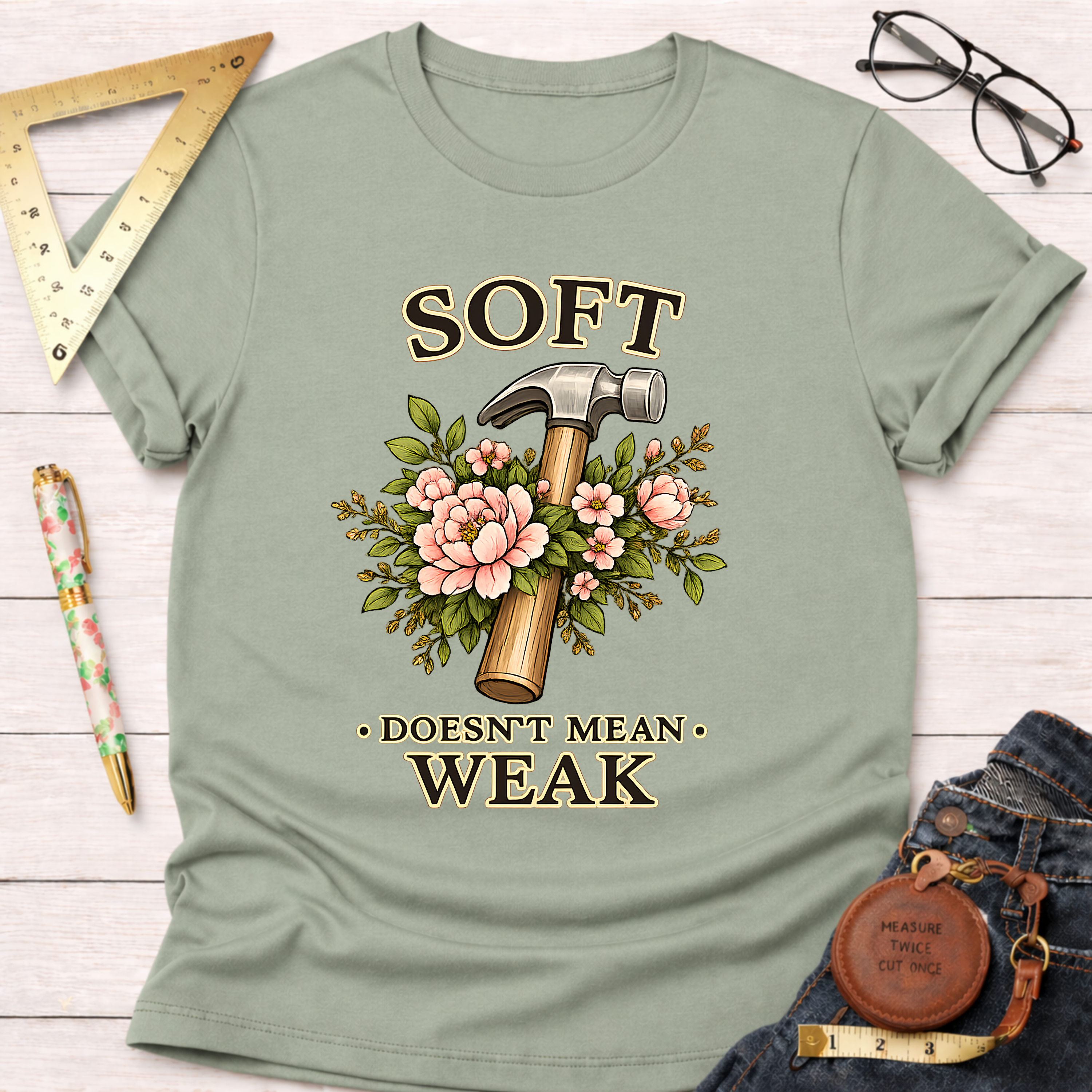 Sage green "Soft Doesn't Mean Weak" t-shirt with a hammer and pink floral design.