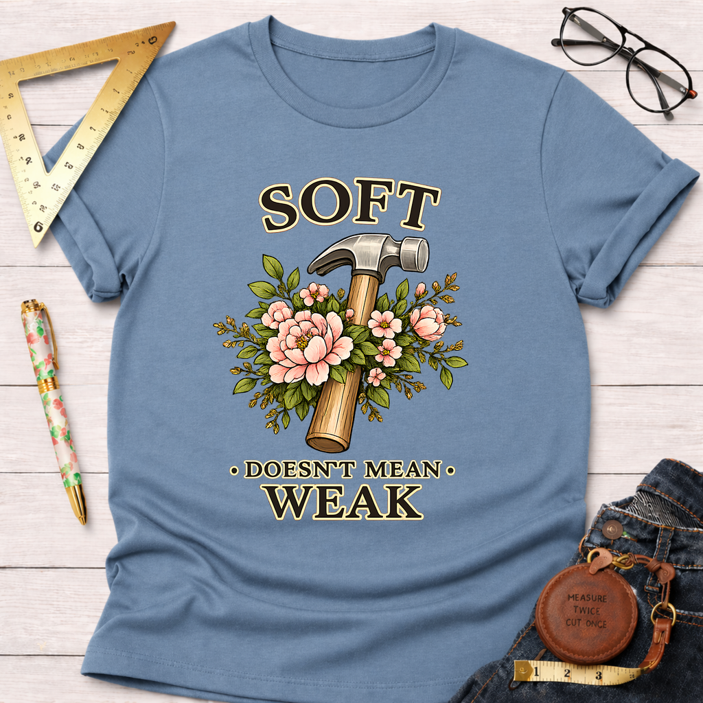Blue cotton t-shirt with "Soft Doesn't Mean Weak" text, a hammer, and pink floral design.