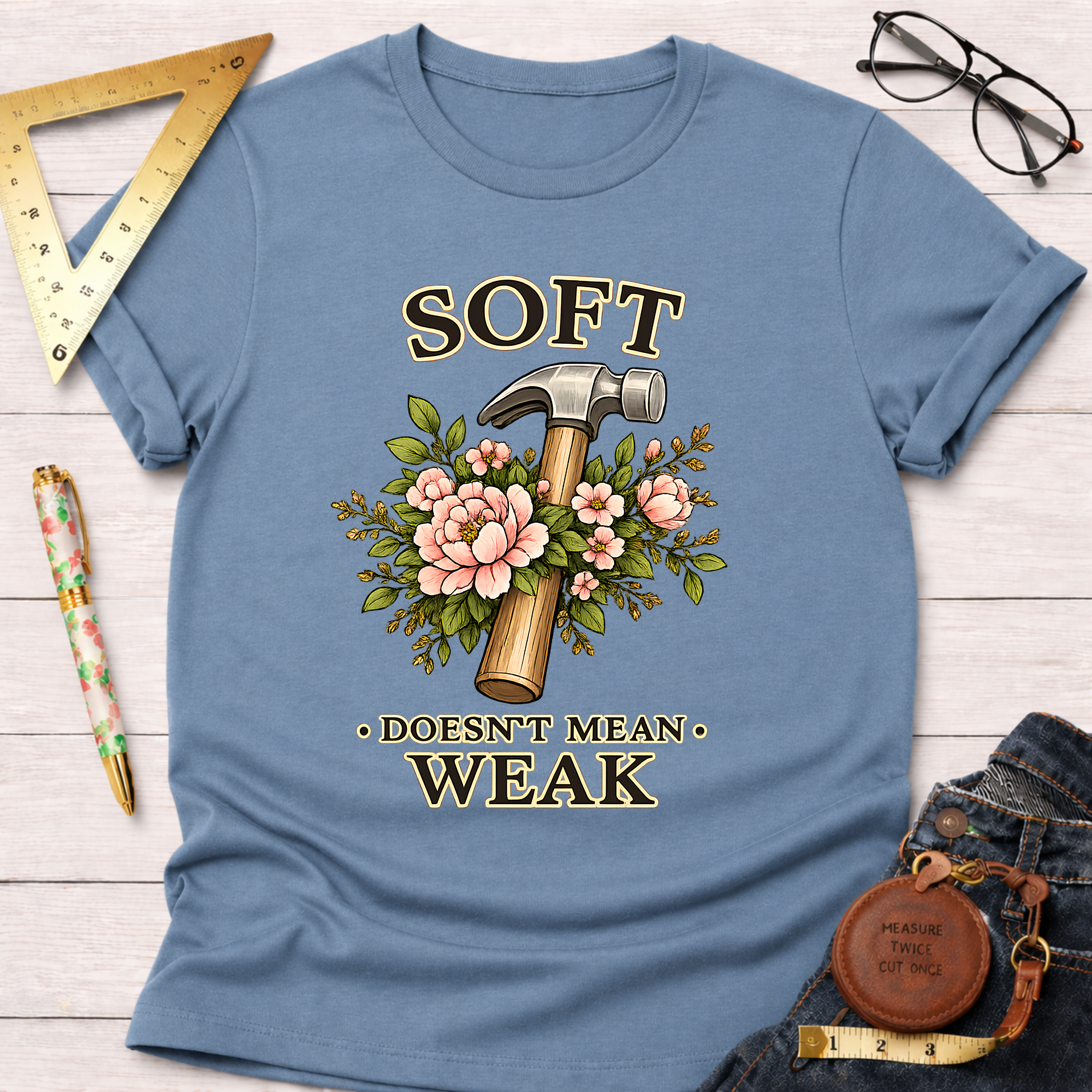 Blue cotton t-shirt with "Soft Doesn't Mean Weak" text, a hammer, and pink floral design.