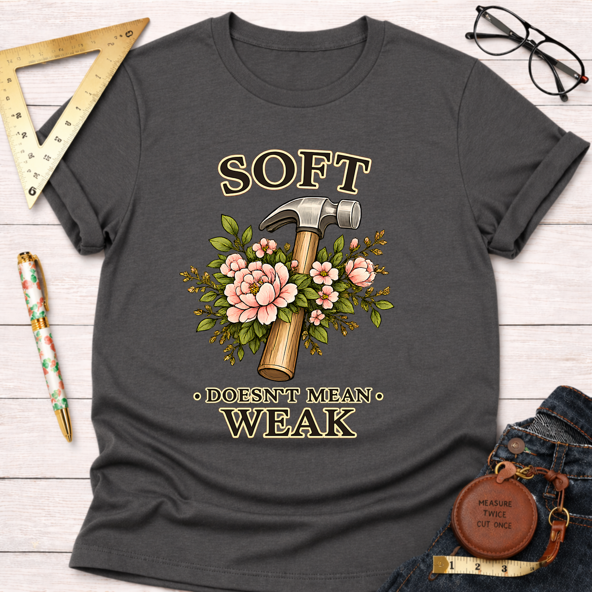 Charcoal gray t-shirt with a hammer and pink floral design, text "SOFT DOESN'T MEAN WEAK".