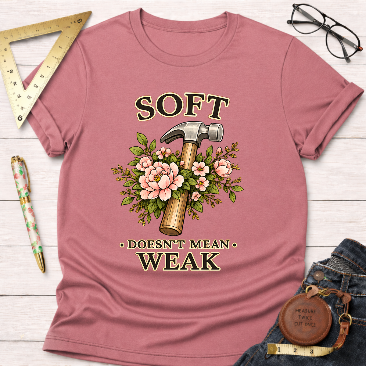 Dusty rose t-shirt with "Soft Doesn't Mean Weak" text and a hammer surrounded by pink flowers.