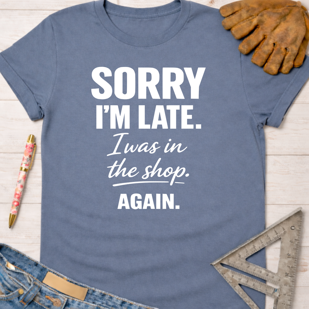 Women's dusty blue cotton tee with "Sorry I'm Late. I was in the shop. AGAIN." graphic. Sawdust & Ponytails.