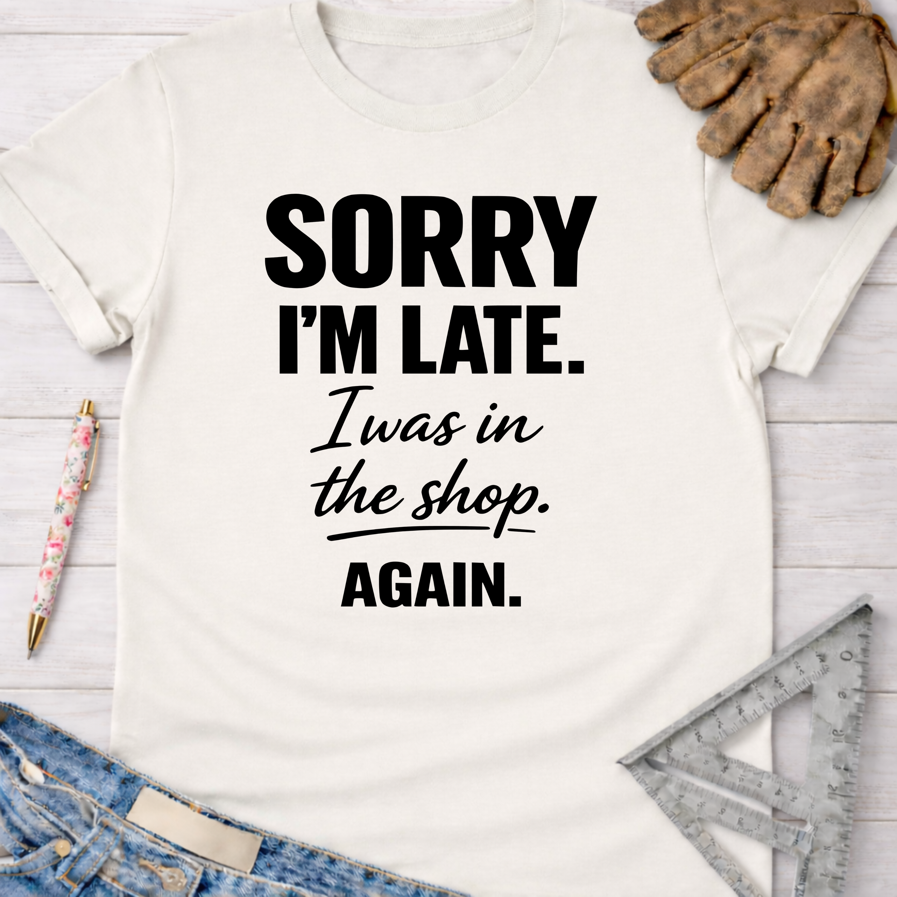 Women's funny woodworking graphic tee shirt for female woodworkers, makers, and DIY builders — Sawdust & Ponytails. White cotton tee with "Sorry I'm Late. I was in the shop. AGAIN." in black text.