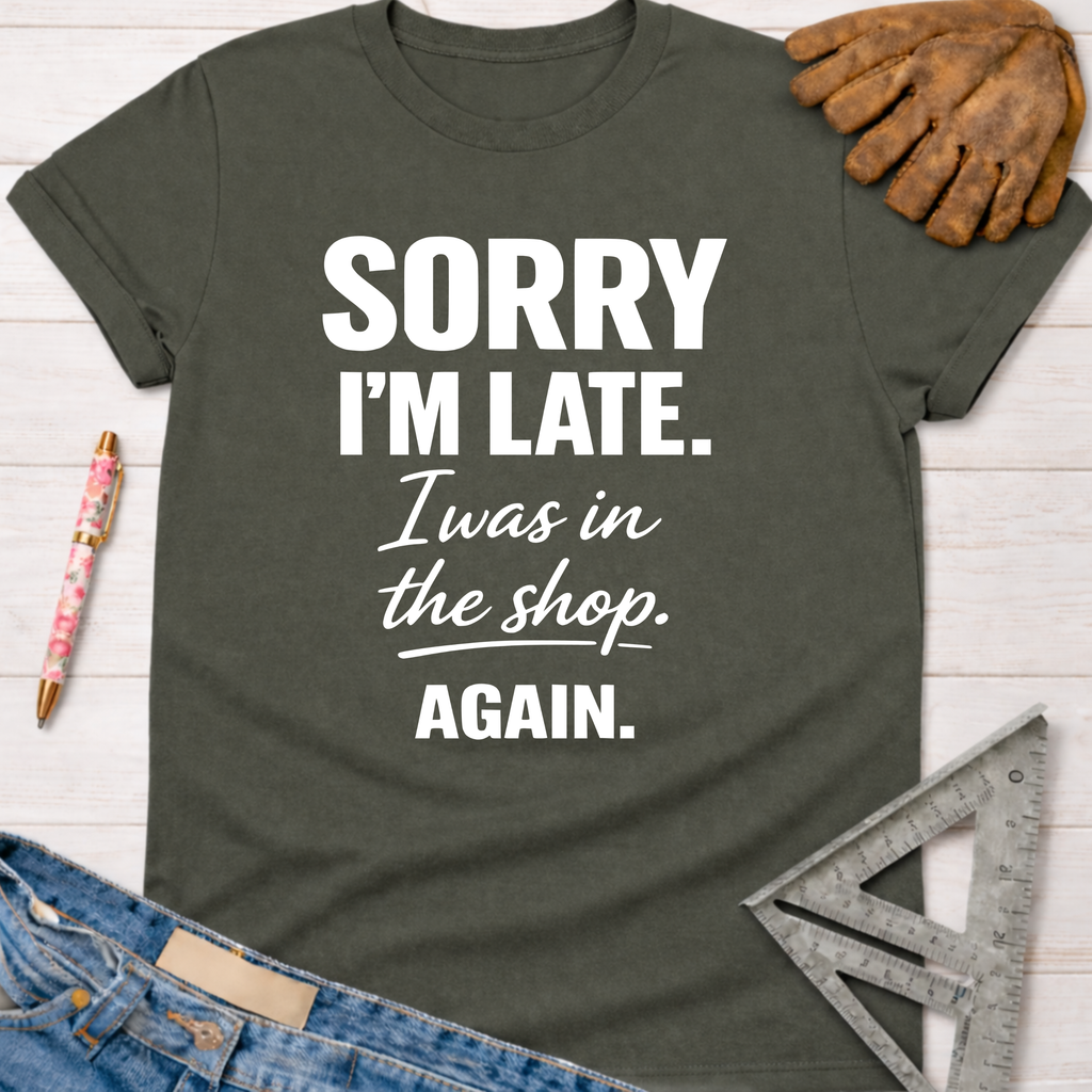 Women's funny woodworking graphic tee shirt for female woodworkers, makers, and DIY builders — Sawdust & Ponytails. Dark gray crew neck t-shirt with "Sorry I'm Late. I was in the shop. AGAIN." in white text.
