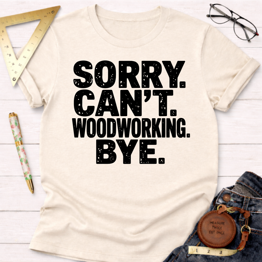 Women's funny woodworking graphic tee shirt for female woodworkers, makers, and DIY builders — Sawdust & Ponytails. Cream t-shirt with "SORRY. CAN'T. WOODWORKING. BYE." in black text.
