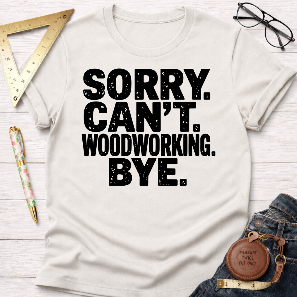 Women's funny woodworking graphic tee shirt for female woodworkers, makers, and DIY builders — Sawdust & Ponytails. Cream t-shirt with "SORRY. CAN'T. WOODWORKING. BYE." in distressed black text.