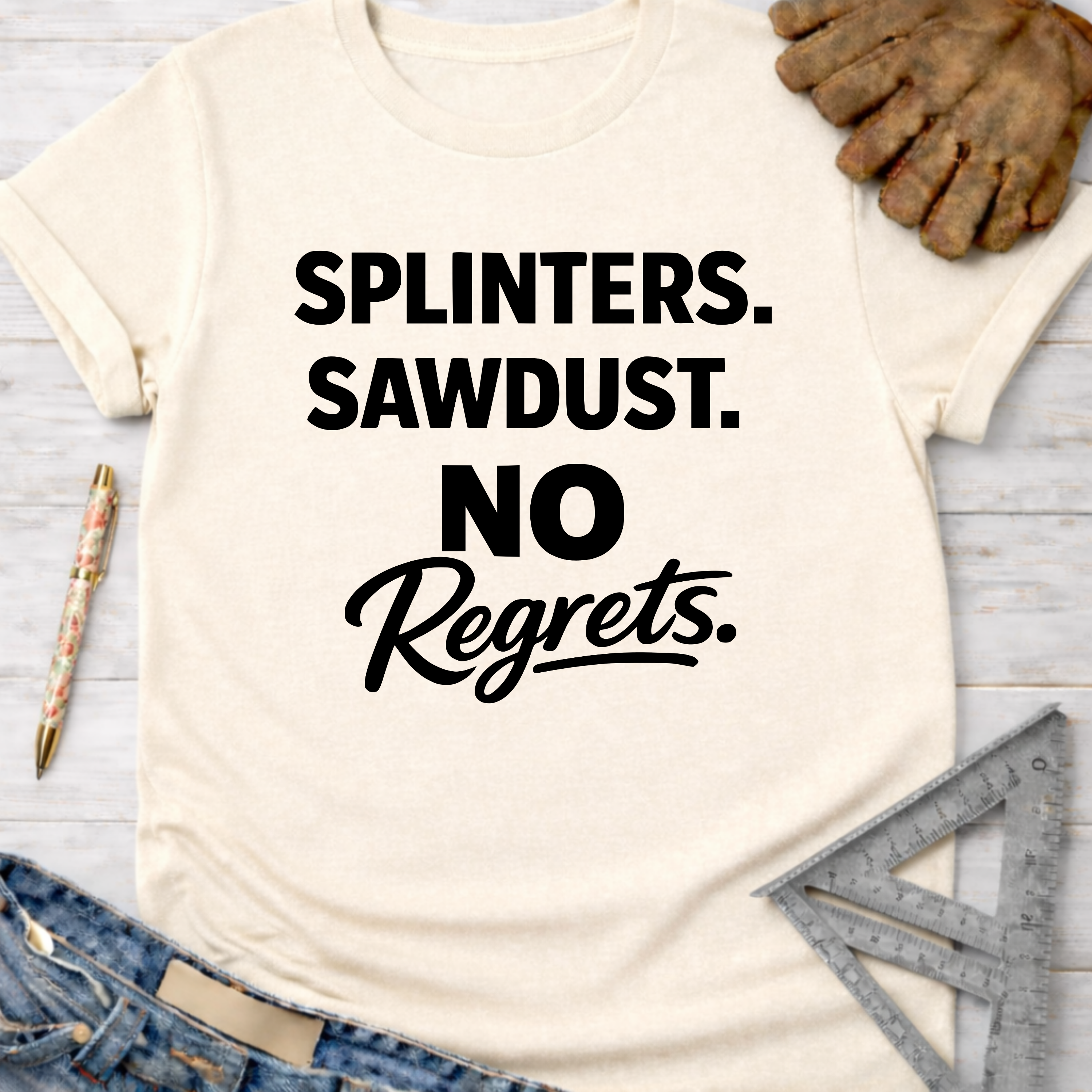 Cream women's funny woodworking graphic tee shirt for female woodworkers, makers, and DIY builders — Sawdust & Ponytails, with "Splinters. Sawdust. No Regrets." in black text.