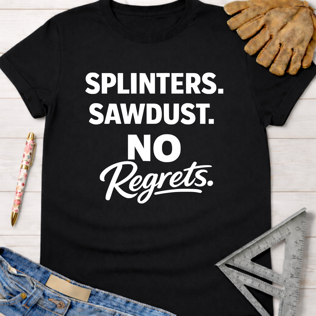 Black women's funny woodworking graphic tee shirt with "Splinters. Sawdust. No Regrets." in white text.