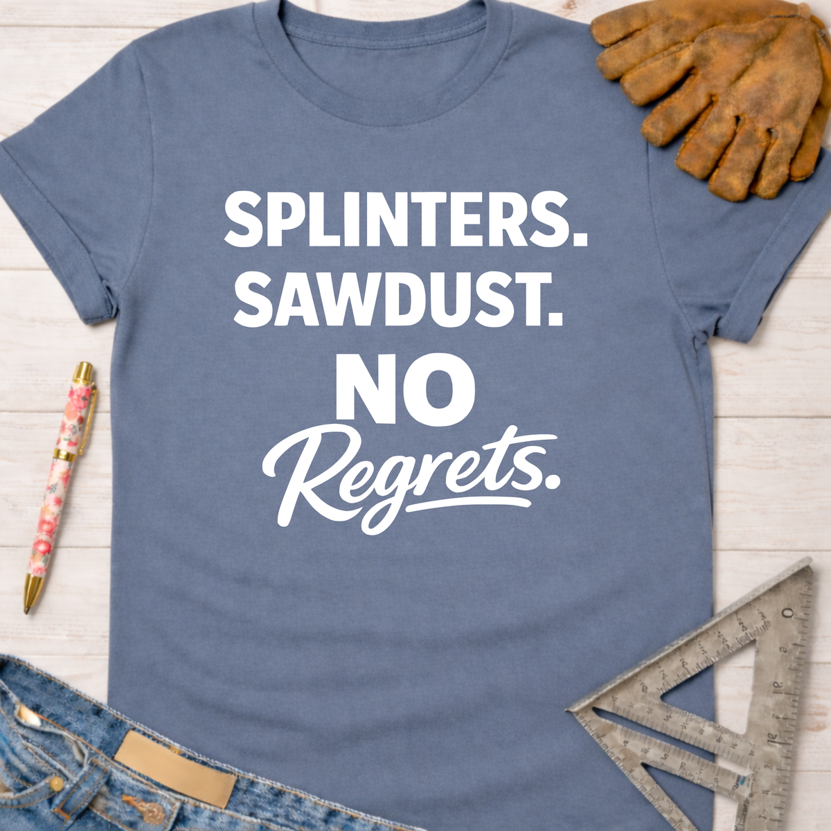 Blue women's funny woodworking graphic tee shirt for female woodworkers, makers, and DIY builders — Sawdust & Ponytails.