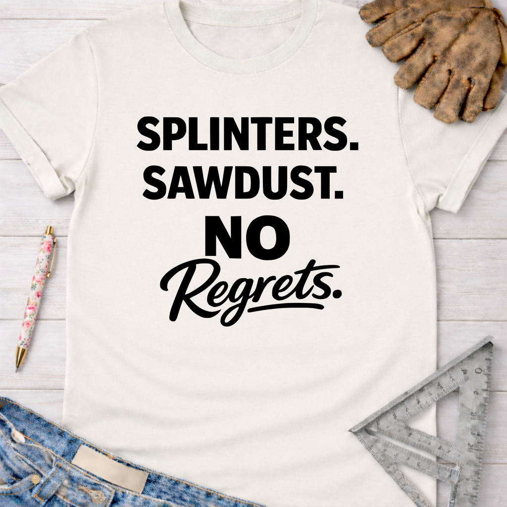 White cotton Women's funny woodworking graphic tee shirt for female woodworkers, makers, and DIY builders — Sawdust & Ponytails, with "SPLINTERS. SAWDUST. NO Regrets." in black text.